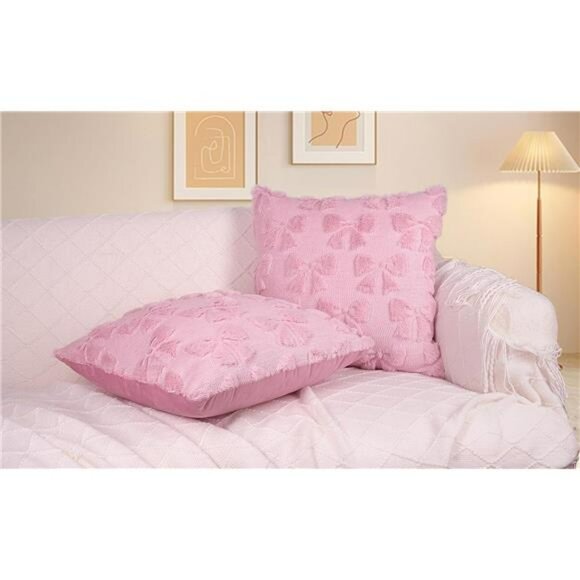 Pink Bow Pillow Covers 18x18 Set of 2 Plush Faux Fur Coquette Christmas Cushion - Picture 6 of 7
